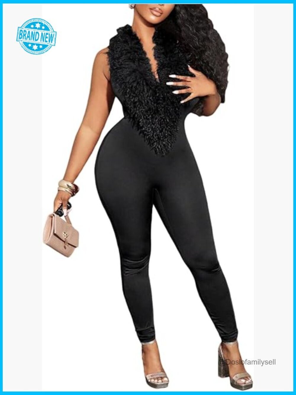 Sexy Fuzzy Halter Jumpsuit Sleeveless Backless Bodycon Rave Party Romper